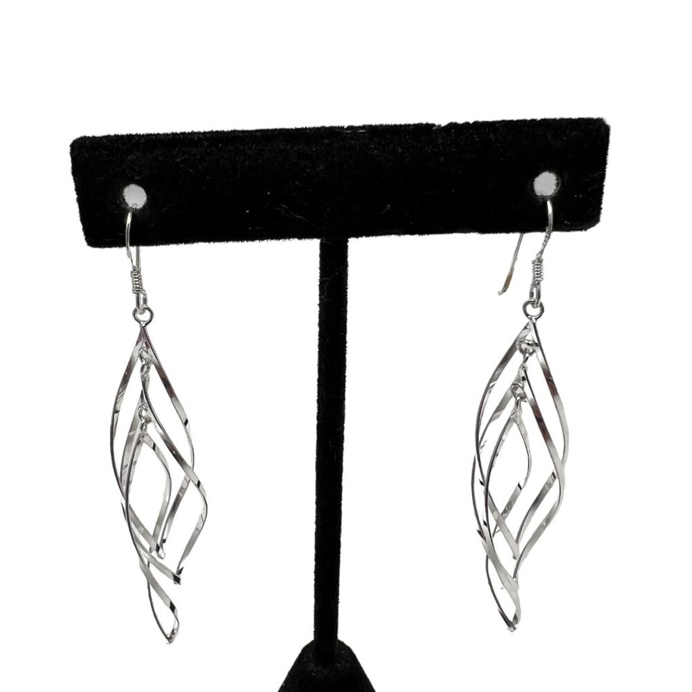 Silver Tone Freeform‎ Earrings Long Dangle Pierced 3 Interlocked Wire Drops